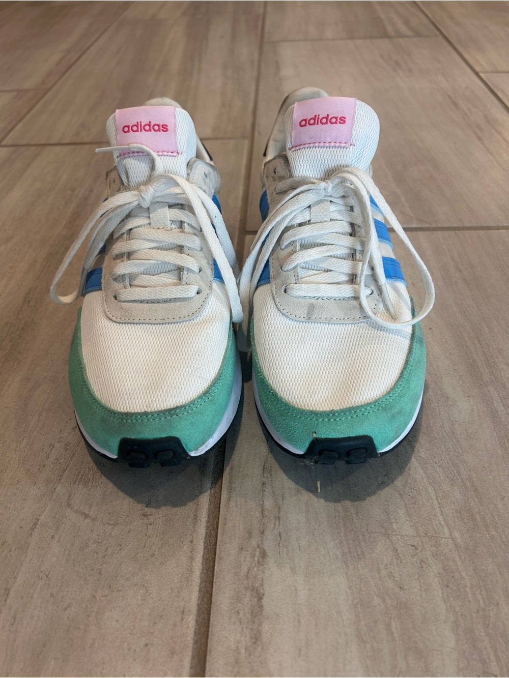 adidas Women's White Sneakers with Blue Stripes and Green Toe Accents